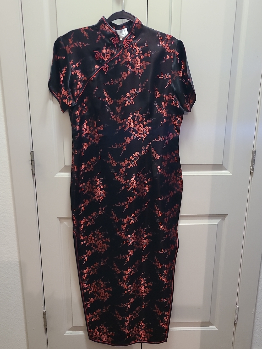 EASTERN Black Satin Midi Cheongsam Dress with Red Floral Jacquard